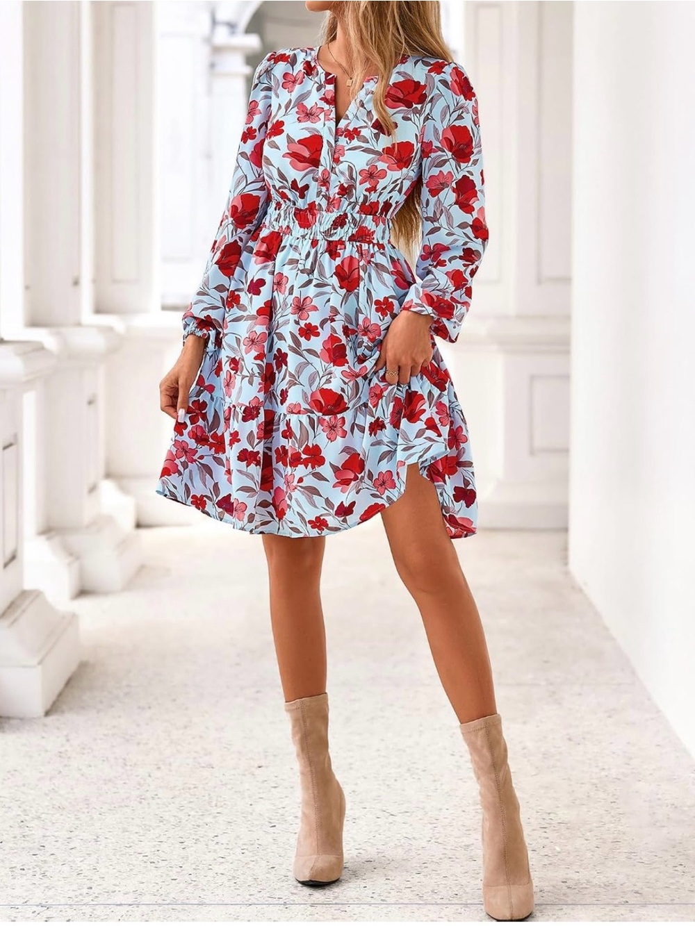 BTBFM Light Blue Long-Sleeve Floral Smocked Waist Dress with Red Blooms